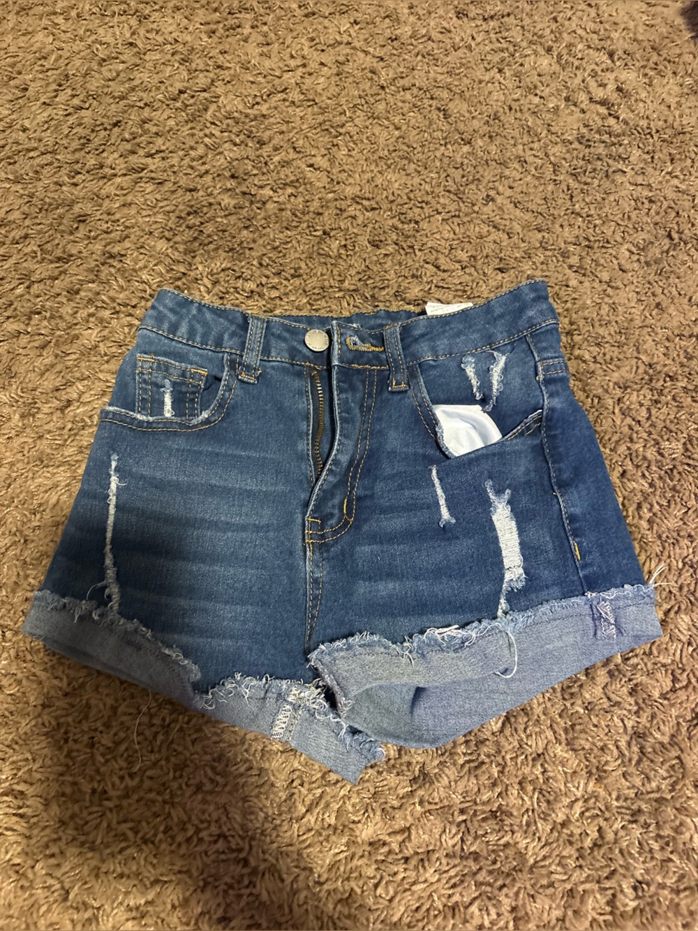 SHEIN Blue Distressed Rolled-Hem Denim Shorts